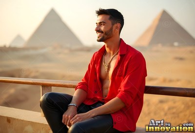 Man wearing an open red shirt sitting on a balcony by the pyramids