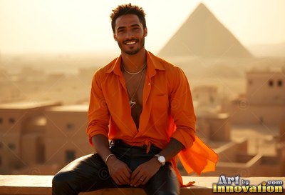 Wearing an unbuttoned orange shirt, a beaming man sits on a rooftop above a pyramid in haze