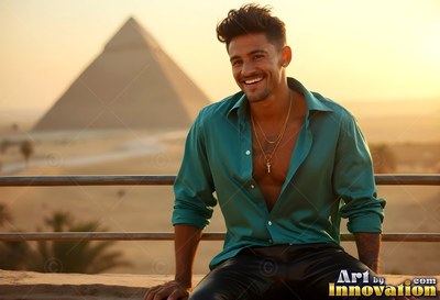 A happy man sits by a pyramid in an open light teal shirt under warm sunset light