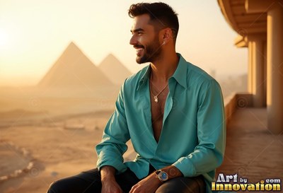 Smiling in profile, a man in a teal soft silk shirt sits on a balcony above the pyramids