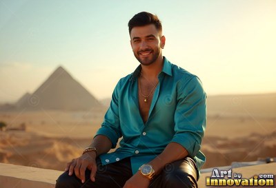A cheerful man dressed in an unbuttoned bright teal shirt sits on a balcony before the pyramids