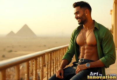 On a sunny balcony overlooking the pyramids, a happy man sits in an open green shirt