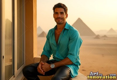 Sitting on a balcony, a happy man in a teal shirt rests before the pyramids in warm light