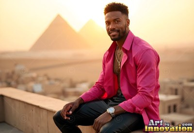 Happy man in an open pink shirt sits on a roof before the pyramids