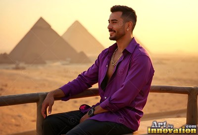 In an open deep purple shirt, a cheerful man sits on a wooden rail before the pyramids