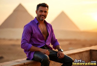 A cheerful man sits in an open light purple shirt before pyramids under warm evening light