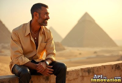 Sitting on a low wall, a smiling man looks out toward the Giza pyramids