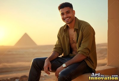 A beaming man sits in an unbuttoned green shirt with a pyramid behind him at sunset