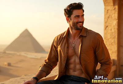 On a sunny stone balcony above the pyramids, a smiling man sits in an open brown shirt