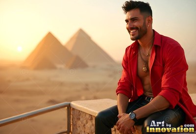 Smiling on a sunlit balcony, a man in an open red shirt sits before the Giza pyramids