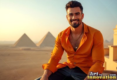 Beaming man in an orange shirt sitting near the pyramids