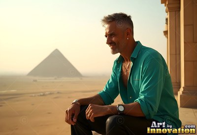 A smiling man in a deep teal shirt sits on a balcony overlooking the pyramids in warm sunlight