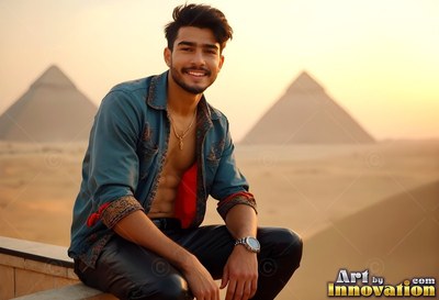 Grinning man wearing an unbuttoned blue shirt sitting on a balcony near pyramids