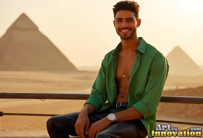 A smiling young man sits in an open green shirt before the sunny Giza pyramids