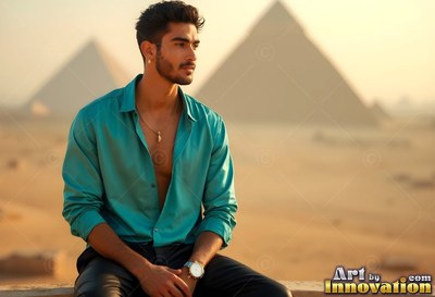 Near the Giza pyramids, a youthful man sits in an unbuttoned teal shirt