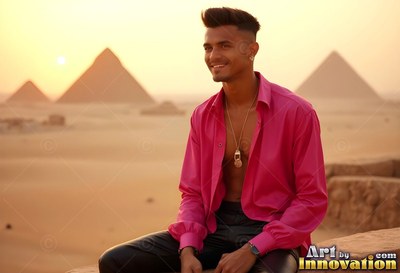 Smiling in an open pink shirt, a younger man sits before the pyramids at sunset