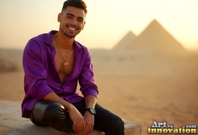 Happy man in a purple shirt sits before pyramids at dusk