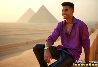 Cheerful man with an unbuttoned dark purple shirt on a sunny balcony above the Giza pyramids