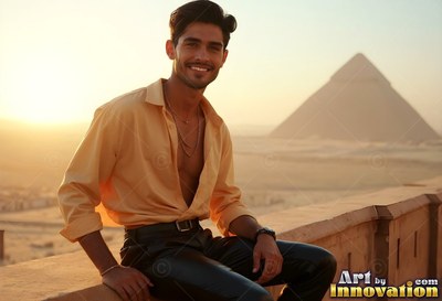A cheerful man sits on a stone wall by a pyramid in warm yellow sunset light
