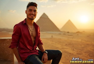 Smiling man sitting on a ledge near pyramids in an unbuttoned red shirt