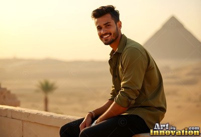 A smiling young man in an olive shirt sits on a wall before a pyramid in hazy sun