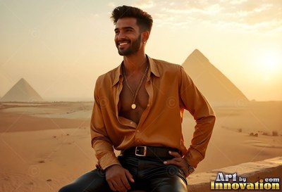Above the pyramids at sunset, a happy man sits in an open bronze silk shirt