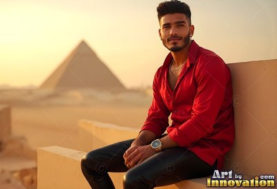 Sitting outdoors, a guy in a red smooth silk shirt rests near a pyramid at sunset