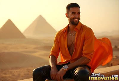 Smiling man in an open orange shirt sitting before the Giza pyramids