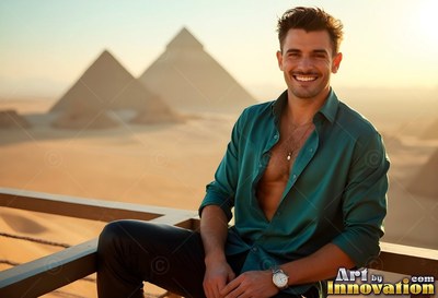Smiling in an unbuttoned teal silk shirt, a man sits on a balcony before the Giza pyramids