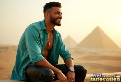A smiling man sits in an open dark teal shirt before pyramids in warm evening light