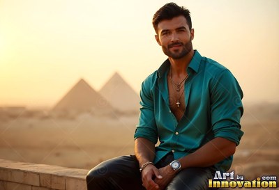 Seated man in an unbuttoned bright teal shirt with pyramids under sunset light