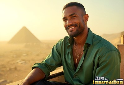 A smiling man with an open green shirt sits on a sunny balcony above a pyramid
