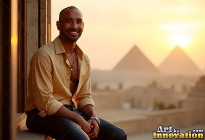 Smiling on a balcony at sunset, a man in an open shirt sits before the pyramids