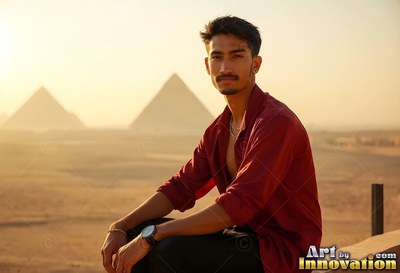 Man in a red open shirt sitting before pyramids in hazy sun