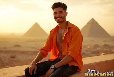 Wearing an unbuttoned orange shirt, a smiling guy sits before the pyramids