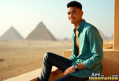 A beaming man sits on a ledge before the pyramids, wearing a green shirt in warm sunlight