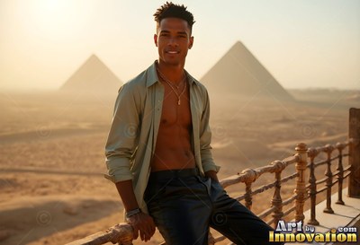 Leaning on a wooden railing, a smiling man sits before the pyramids