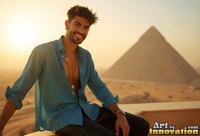 A smiling man wearing an open blue shirt sits on a balcony before a pyramid at sunset