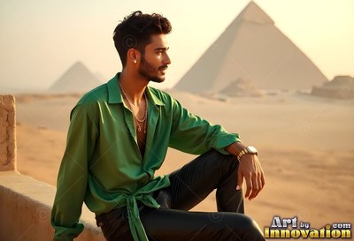In the desert by the pyramids, a man sits in a green silk shirt