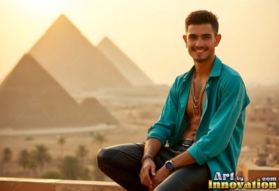 Smiling on a balcony, a man wears an open dark teal shirt with the Giza pyramids behind him