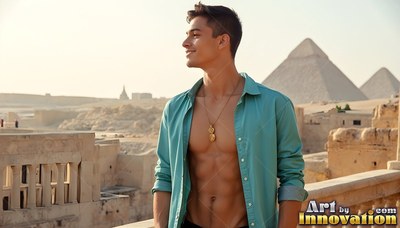 Beaming man in an open deep teal shirt with the Giza pyramids behind him
