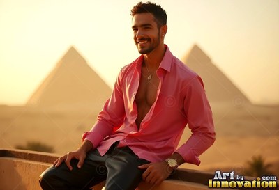 In an open pink shirt, a smiling man sits on a ledge before the Giza pyramids at dusk