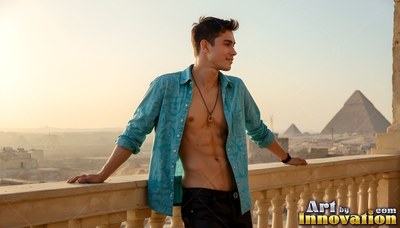 A youthful man dressed in an open turquoise shirt leans on a balcony in warm golden light
