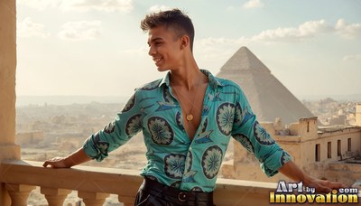 Leaning on a stone balcony, a cheerful man in a light teal shirt overlooks Giza pyramids