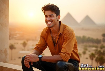 A smiling younger man wearing an open brown shirt sits on a stone balcony near the pyramids at sunset