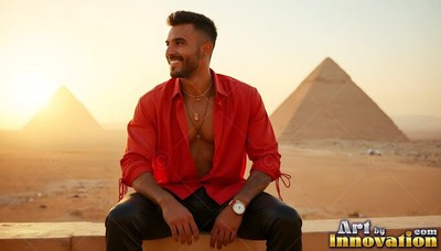 Sitting in an open red shirt, a beaming man rests before the G iza pyramids at sunset