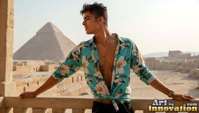A young man in an open floral shirt on a balcony by a pyramid