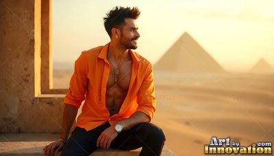 An open orange shirt shows the chest of a smiling man sitting before the Giza pyramids