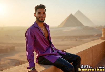 A grinning man with an open light purple shirt relaxes on a balcony in warm haze