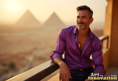 Leaning on a balcony, a happy man in a purple light silk shirt looks past pyramids